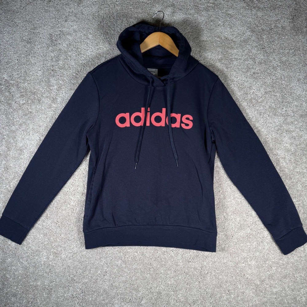 Adidas Women's M Navy Blue Pink Logo Pullover Hoodie‎ Sweatshirt
